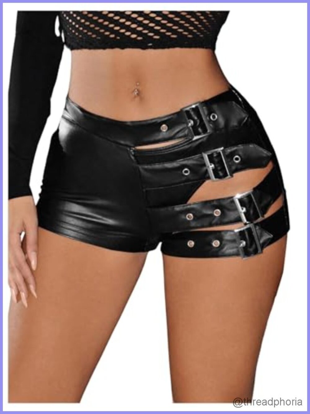 Faux Leather Low Rise Mini Shorts Buckle Cut Out Rave Clubwear